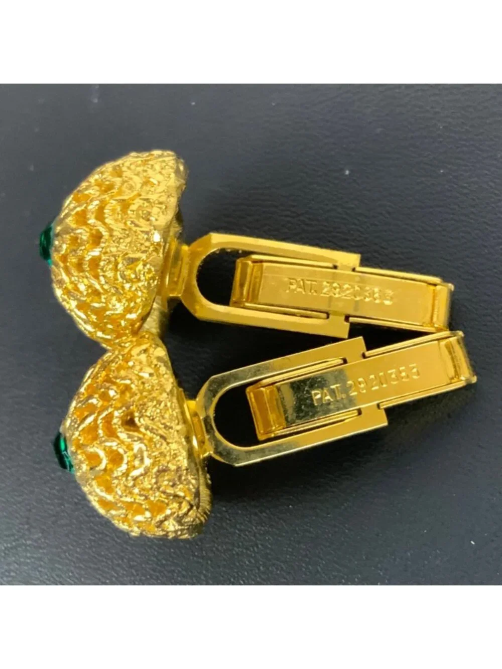 Vintage Gold-Tone Cufflinks With Green Rhinestones Textured Oval Design